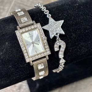 Guess Watch U85044L1 & Charm Bracelet Lot Silver Tone Rhinestone Set